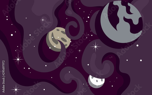 Vector space background . Cute flat style template with Stars  Planet and Moon in Outer space