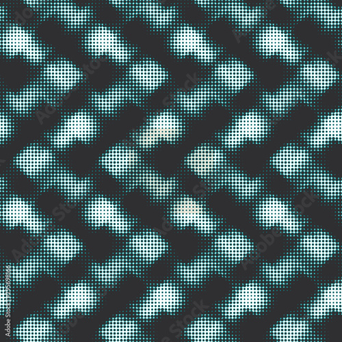 Black, white, and blue spotted futuristic halftone grunge seamless repeat vector pattern swatch.  Techno circles in a mosaic grid giving the illustion of of a gradient.