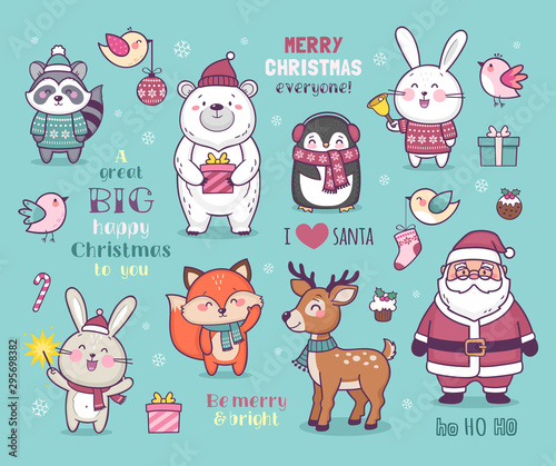 Set of cute cartoon Christmas characters, colorful vector illustration with cute animals and Santa wishing Merry Christmas