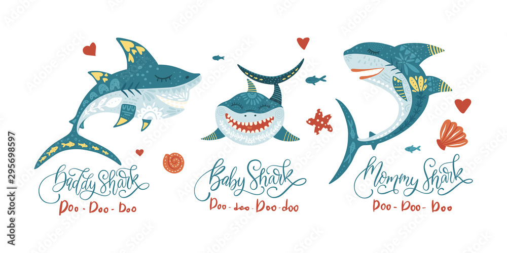 Obraz premium Cartoon Vector Shark Illustration - Sea Fish Set - Ocean Animal Shark Family Collection with lettering quotes - Baby Shark - Mommy shark - Daddy shark. Trendy design for cute cards, posters.