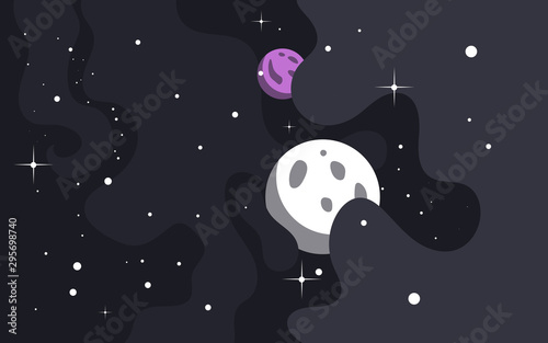 Vector space background . Cute flat style template with Stars  Planet and Moon in Outer space