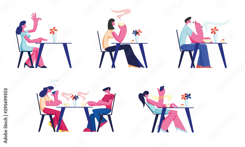 People Relaxing in Restaurant or Cafe Set. Characters Sitting at Tables Drinking Coffee, Eating Meal Use Gadgets. Customer Characters Spend Time in Recreational Place. Cartoon Flat Vector Illustration