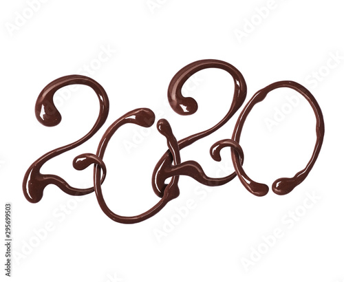 Date of the New Year 2020 made of chocolate elegant font with swirls, isolated on white background