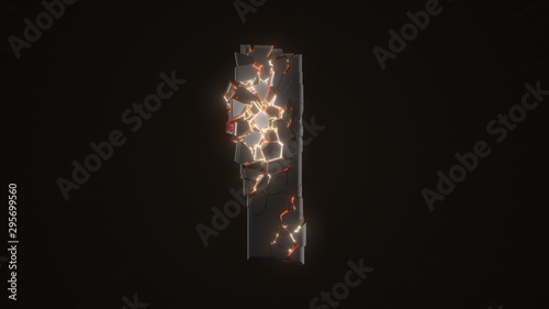 strangely cracked I letter. technological and mystical look with glowing inside details. 3d illustration