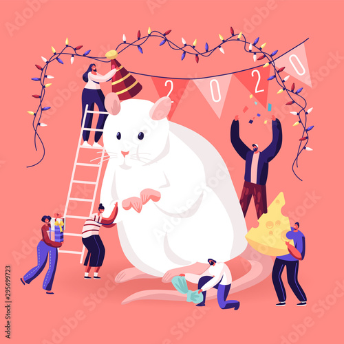 2020 New Year Celebration Concept. Tiny Male and Female Characters Standing on Ladder Decorating and Caring of Huge White Mouse Symbol of Traditional Chinese Calendar Cartoon Flat Vector Illustration © Pavlo Syvak