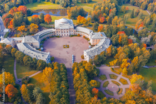 Aerial view of Pavlovsk Palace on october sunny day, neighborhood of Saint-Petersburg.