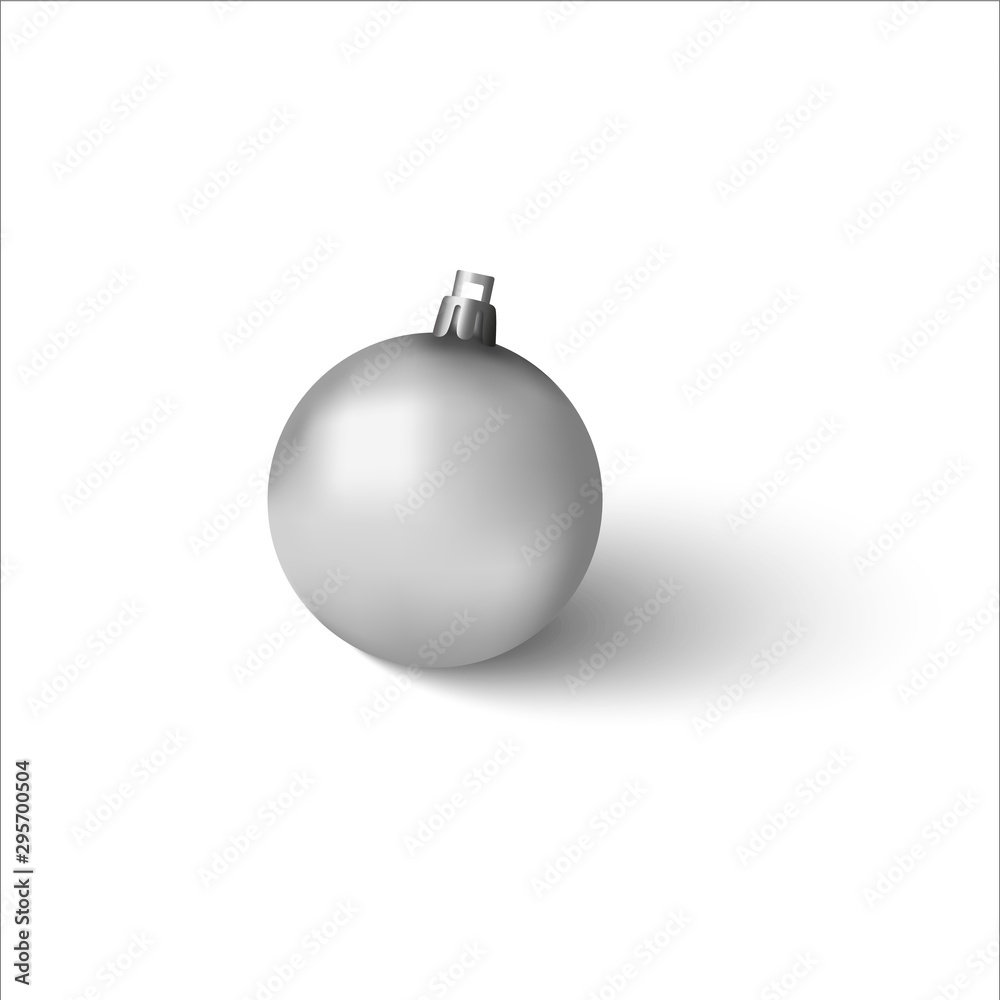 Realistic silver christmas ball with flare and shadow. Beautiful silver ball with mate texture. 3D vector mock up isolated on white background. Realistic silver christmas ball with flare and shadow. Beautiful silver ball with mate texture. 3D vector mock up isolated on white background.
