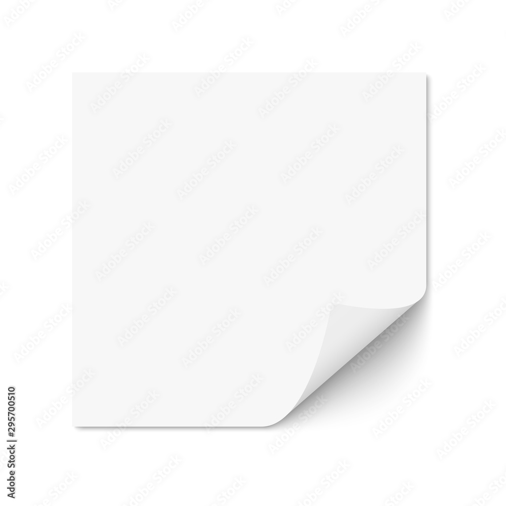 White paper sticker with curled corner isolated, vector blank template. Realistic paper sheet with shadow on white background for notes, messages or reminders.