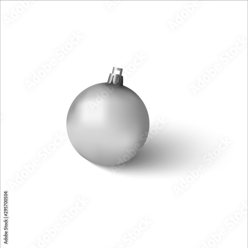 Realistic silver christmas ball with flare and shadow. Beautiful silver ball with mate texture. 3D vector mock up isolated on white background.