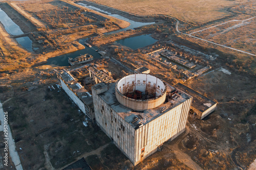 Aerial view of abandoned and ruined Nuclear Power Plant in Crimea, drone shot photo