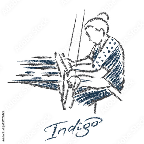 A woman hand weaving and dyeing drawing with brush line stroke style. Wearing an indigo fabric and local textiles.
