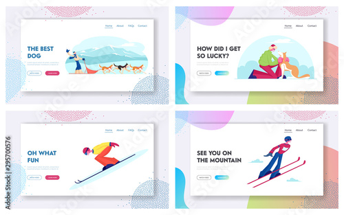 Dog Sledding and Ski Jumping Winter Sport Website Landing Page Set. Happy Character Riding Dogs Team, Jumping on Skis During Winter Time Vacation Web Page Banner. Cartoon Flat Vector Illustration