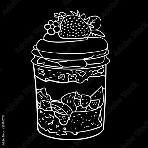 Dessert with strawberries in a jar of cream sketch on a black background