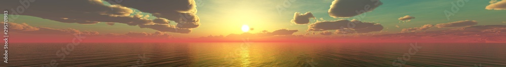 Beautiful sunset over the sea. Panorama of the ocean sunset. 3d rendering.