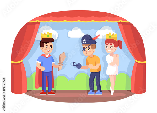 Children drama club flat vector illustration. School play. Young theatre troupe. Extracurricular activities. Development of acting skills. Kids acting performance on stage cartoon characters