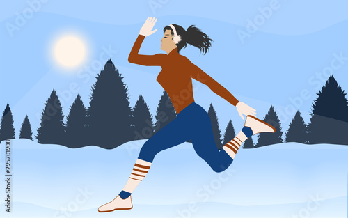 Sports jogging in nature - girl in winter clothes - snowy forest, snowdrifts - vector. Winter sport.
