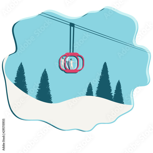 Mountain cableway, trolley with skiers. Winter landscape, spruce forest - isolated on white background - vector. Winter Travel