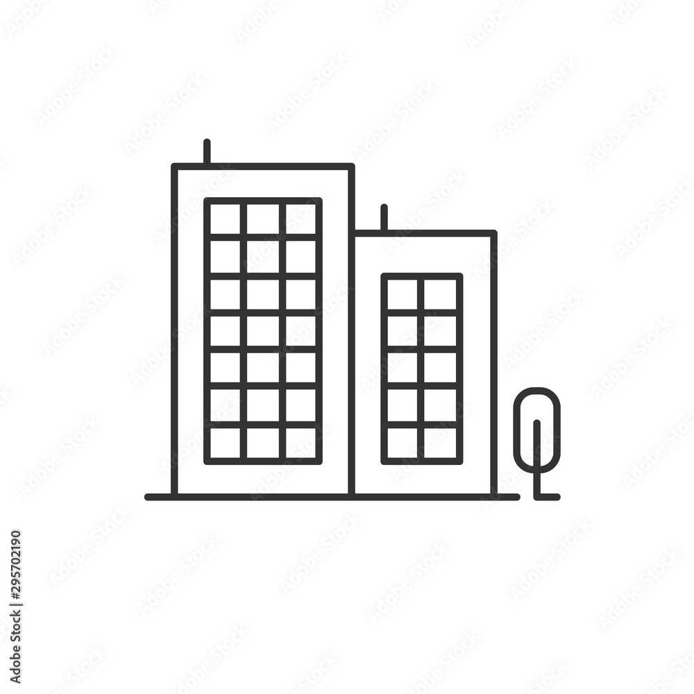 Multi-storey building linear icon. Apartment houses and tree. Thin line contour symbols. Isolated vector outline illustration. Editable stroke Multi-storey building linear icon. Apartment houses and tree. Thin line contour symbols. Isolated vector outline illustration. Editable stroke