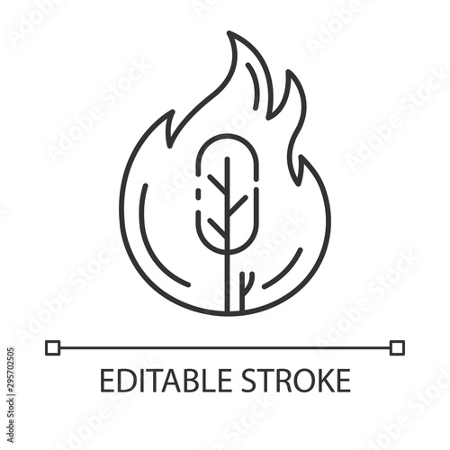 Wildfire linear icon. Burning tree. Ecological problem. Human negligence, arson. Danger of fire in forest. Thin line illustration. Contour symbol. Vector isolated outline drawing. Editable stroke