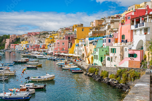 Colorful harbour in the beautiful island of Procida, near Napoli, Campania region, Italy. 
