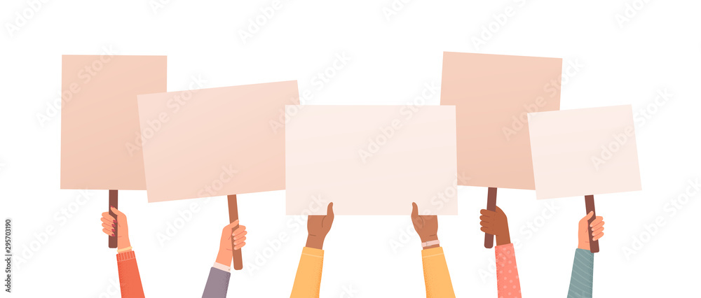 Hands holding posters. Place for text or ad. Collection of hands holding empty signs. Vector illustration