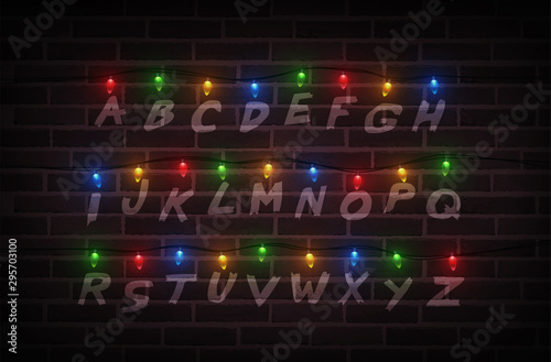 Christmas lights on wall. Light font. Garlands. Vector Illustration