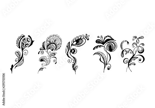 Set of summer tropical flowers. Floral botanical flower set isolated on black background. Hand drawn vector collection. Botanical Hawaii nature. Tropical palm icon. Hawaiian vector tattoo illustration