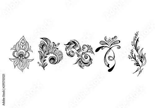 Set of summer tropical flowers. Floral botanical flower set isolated on black background. Hand drawn vector collection. Botanical Hawaii nature. Tropical palm icon. Hawaiian vector tattoo illustration