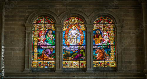 Stained glass in the Cathedral of Malaga (Basilica de la Encarnacion), Andalusia, Spain. June-25-2019