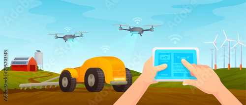 Smart Farming. Remote control from tablet. Smart Farm. Agriculture concept. Vector illustration
