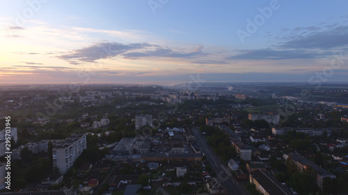 Aerial view of sunset in Zhytomyr city  Ukraine. Great sunrise.