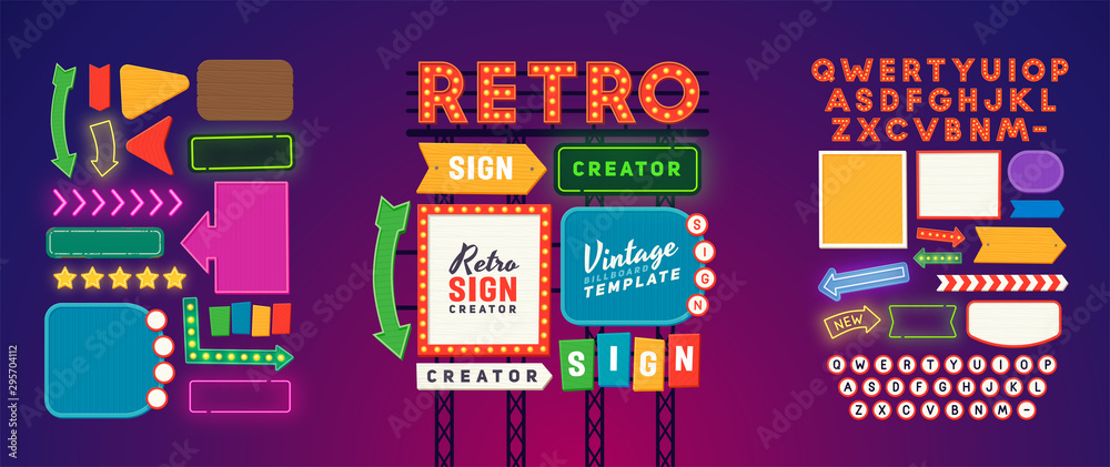 Retro signboard creator. Set elements for street sign. Scene creator, neon sign. Retro font. Advertising space. 