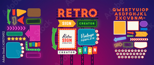 Retro signboard creator. Set elements for street sign. Scene creator, neon sign. Retro font. Advertising space.  photo