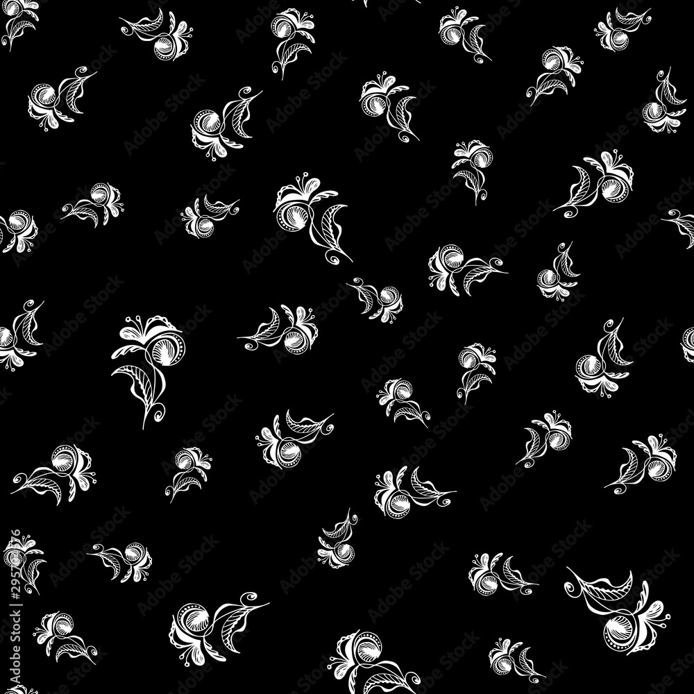 Obraz premium Seamless pattern of summer tropical flowers. Floral botanical seamless pattern isolated on black. Hand drawn vector illustration. Botanical Hawaii nature. Tropical leaf. Hawaiian vector illustration