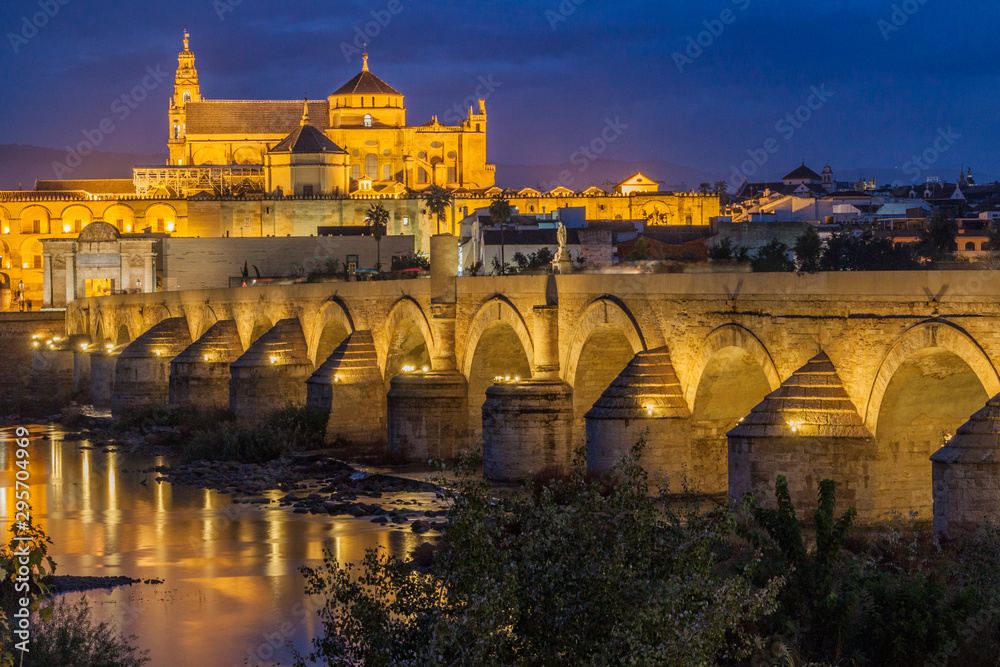 Evening view of the Mosque-Cathedral and Roman Bridge in Cordoba, Spain