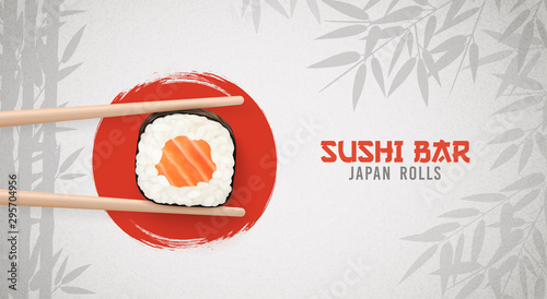 Sushi bar ads. Sushi and rolls poster, horisontal flyer. Realistic vector illustration