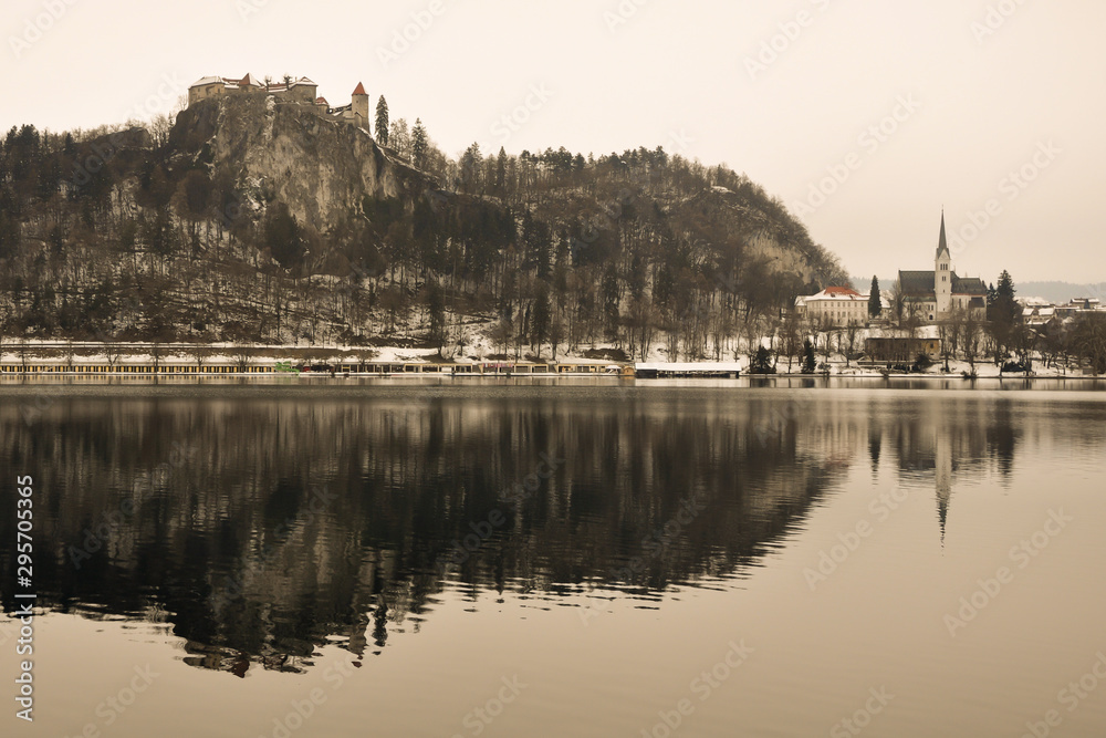 Bed Slovenia beautiful view winter old church castle reflection lake
