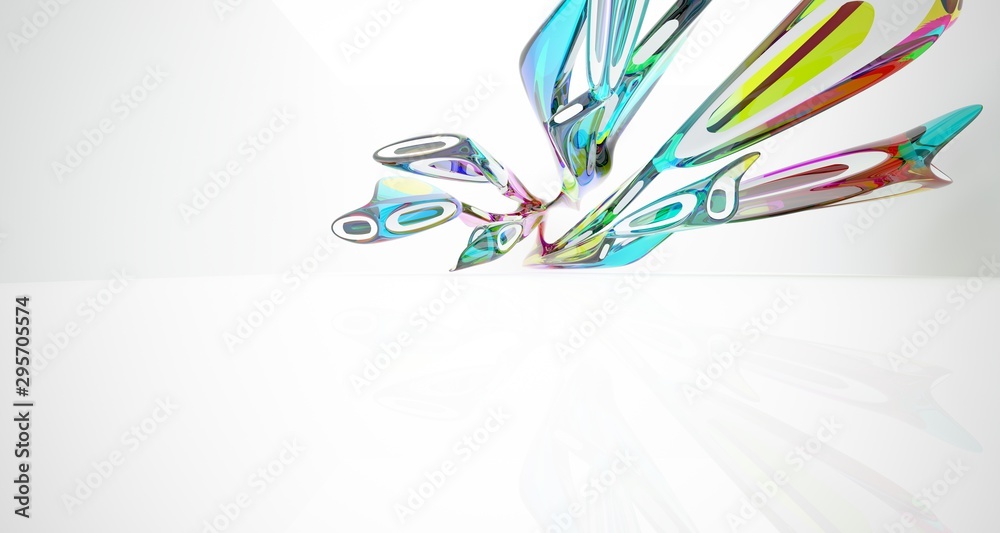 Fototapeta premium Abstract architectural white and glass gradient color smooth interior of a minimalist house with large windows.. 3D illustration and rendering.