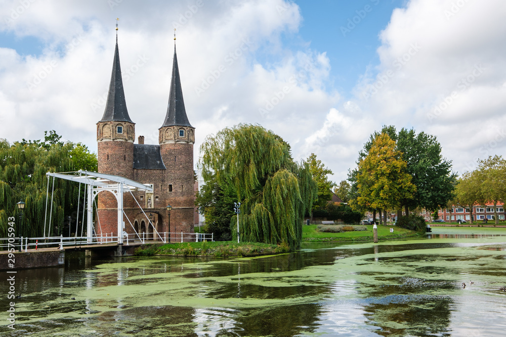 Historical Eastern Gate and drawbridge in Delft, Netherlands.