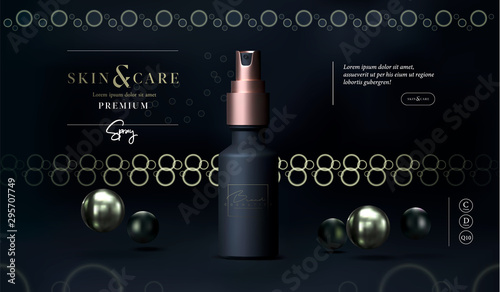 Luxury skin care cosmetics body spray, lotion, washing gel or cleancer black bottle with pump. Spray packaging vector poster, flyer, or web banner. Mock-up promo banner. Spray tube packaging design.