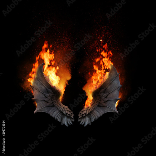 Burning dragon wings, dark atmospheric mood, fantasy background