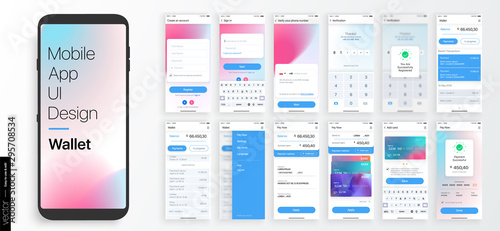 Design of a Mobile Application and Site, UI. Set of GUI Screens with Login and Password input, showing the Card, balance and payments interface. Vector Mockup