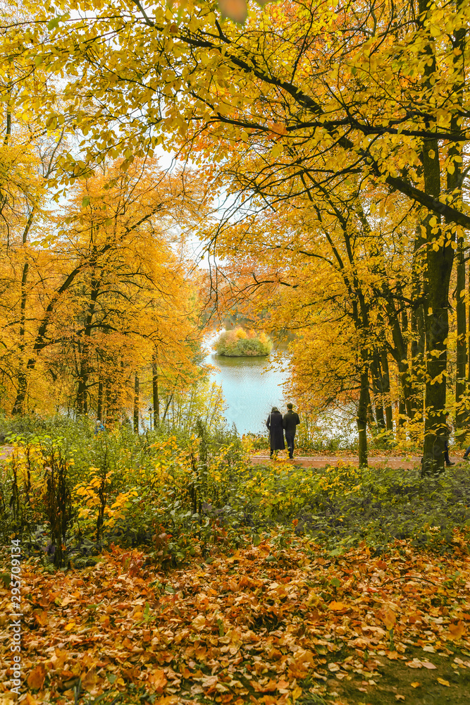 Silhouettes of two unrecognizable people, walk in the autumn park. Seasons, nostalgic mood, love and friendship concept