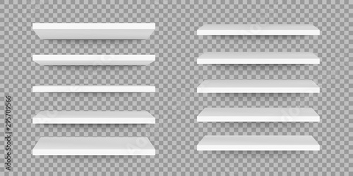 Clean shelf on wall. Modern 3D book shelves with shadow. Empty store stand in the supermarket, front view.
