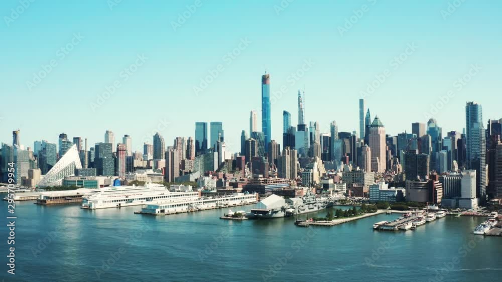 High aerial of Manhattan, drone shooting of New York City, skyscrapers and landmark buildings, famous cityscape High aerial of Manhattan, drone shooting of New York City, skyscrapers and landmark buildings, famous cityscape