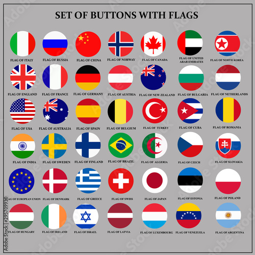 Bright set of banners with flags. Colorful illustration with flags of the world for web design. Illustration with grey background. © innabelavi
