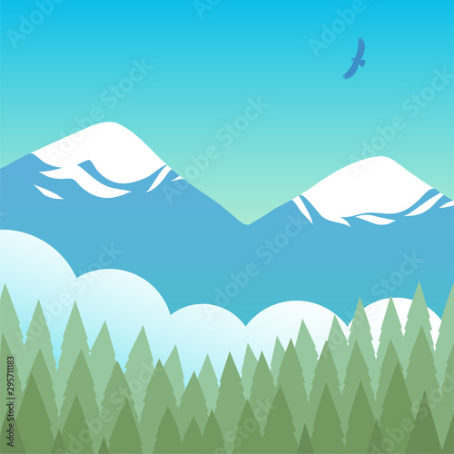 The landscape of nature. Forest of coniferous trees, fog, mountains with snow and blue sky. The eagle flies high. Cartoon vector illustration.