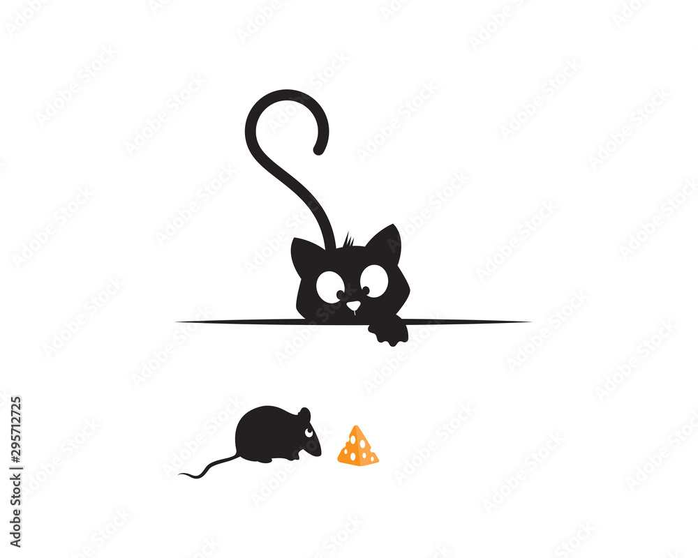 Cat behind wall and mice eating piece of cheese, funny illustration,  vector, cartoon, children wall decals, kids wall artwork isolated on white  background, minimalist poster design Stock Vector | Adobe Stock