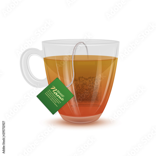 Transparent tea Cup with tea bag on white background, illustration in realistic style, Vector EPS 10 format