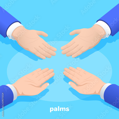 isometric vector image on a blue background, the hand of a man in a business suit with the palm up